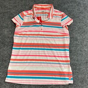 Puma Polo Womens Size M Pink Orange Blue Striped Short Sleeve Athletic Golf Top